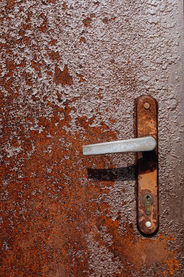Close-up of a rusty metal door handle showcasing textures and decay.